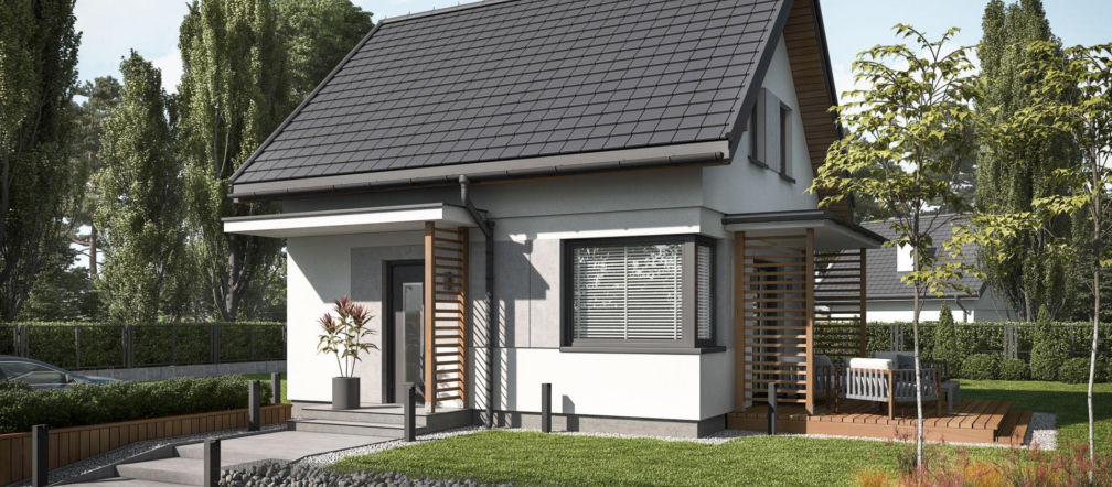 Wizualizacja nowoczesnego domu z poddaszem, drewnianymi akcentami i ogrodem z gabionami