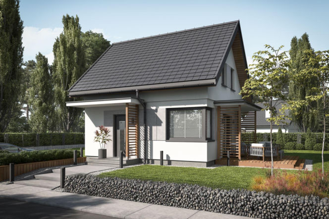Wizualizacja nowoczesnego domu z poddaszem, drewnianymi akcentami i ogrodem z gabionami