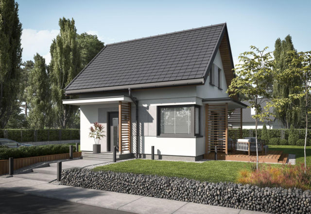 Wizualizacja nowoczesnego domu z poddaszem, drewnianymi akcentami i ogrodem z gabionami