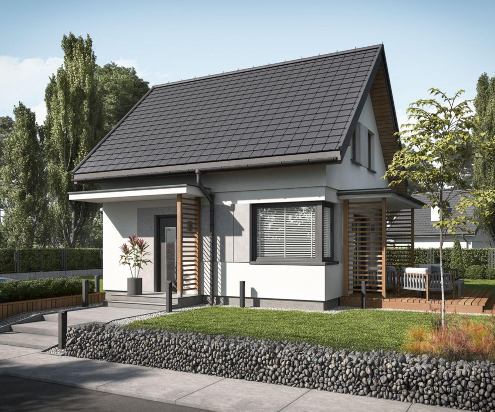 Wizualizacja nowoczesnego domu z poddaszem, drewnianymi akcentami i ogrodem z gabionami