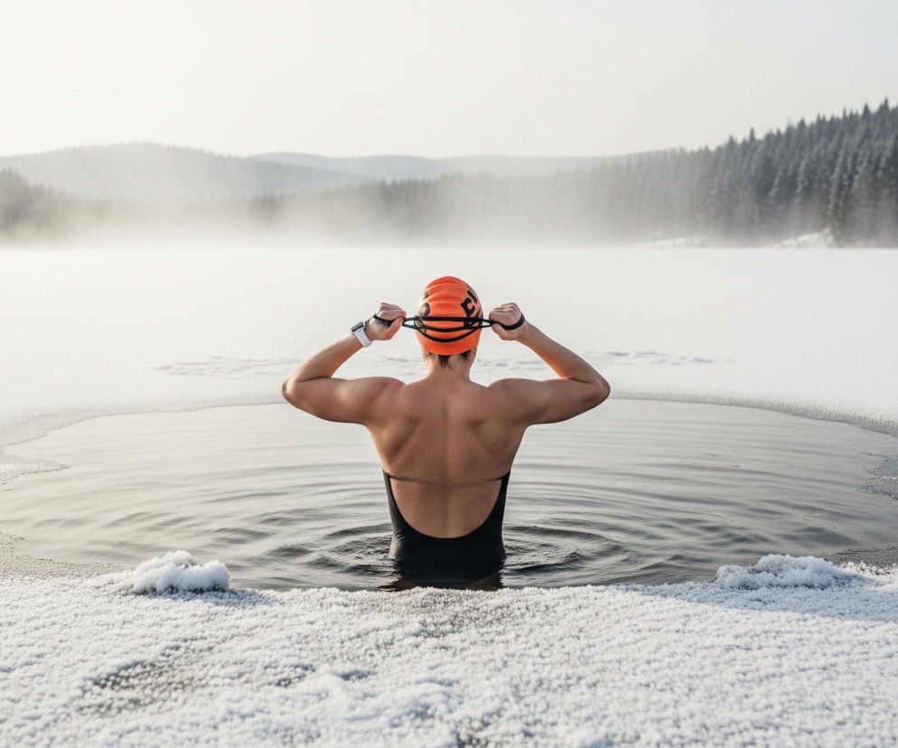 Postać stoi tyłem do obserwatora, zanurzona do pasa w otwartym lustrze wody. Nosi czarny jednoczęściowy strój kąpielowy i pomarańczowy czepek, który poprawia obiema rękami, na lewym nadgarstku widoczny jest biały zegarek. Wokół postaci rozpościera się zamarznięte jezioro pokryte cienką warstwą śnieżnych granulek, tworząc falisty brzeg wokół wolnej od lodu wody. W oddali widoczne są gęste, zaśnieżone lasy iglaste na tle mglistych gór, a cała scena skąpana jest w zimowym, jasnym świetle.