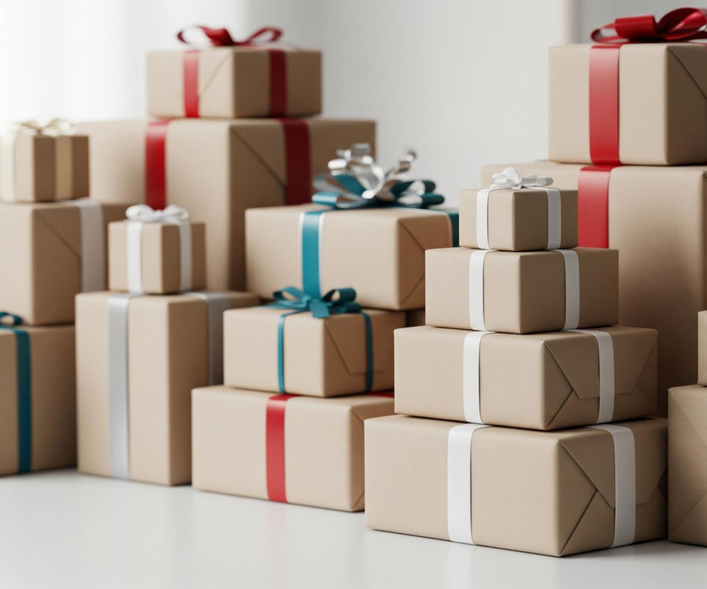 Wiele prezentów owiniętych w beżowy papier ułożonych jest w stosy na białej, gładkiej powierzchni. Opakowania przewiązane są wstążkami w kolorach czerwonym, białym, turkusowym i srebrnym, zakończonymi kokardami. Prezentów jest dwadzieścia osiem, różnią się wielkością, tworząc wrażenie głębi i obfitości. Tło jest jasne i rozmyte, co dodatkowo skupia uwagę na paczkach.