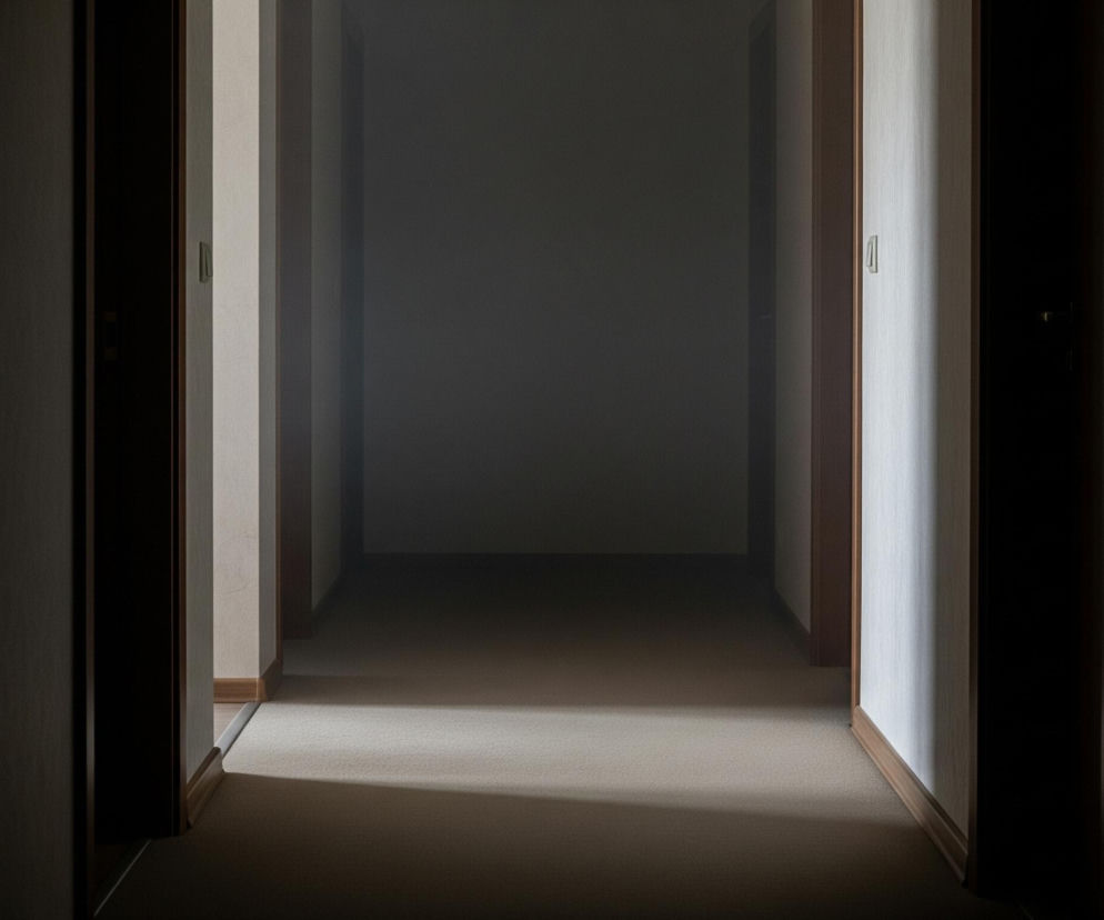 Długi, wąski korytarz rozciąga się w głąb obrazu, stopniowo zanikając w ciemności. Światło pada z lewej strony, oświetlając jasną ścianę z prawej oraz fragment podłogi w beżowym odcieniu, tworząc wyraźny kontrast między jasnymi i ciemnymi obszarami. Po obu stronach widoczne są otwarte drzwi lub przejścia z ciemnymi ościeżnicami, rzucające długie cienie na podłogę. W oddali korytarz staje się coraz ciemniejszy i mniej wyraźny, a na końcu horyzontu jest praktycznie niewidoczny.