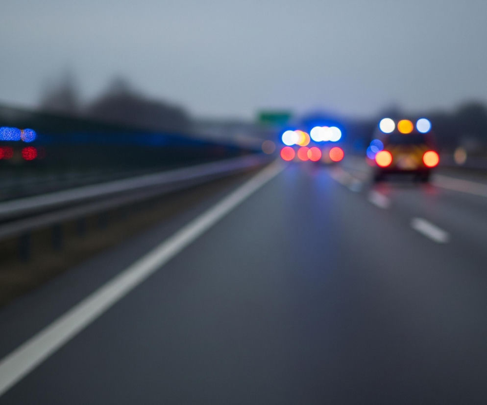 Autostrada o szarym asfalcie biegnie przez środek kadru, widoczna z perspektywy jadącego samochodu. Przednia część obrazu jest rozmyta, z wyraźnymi białymi liniami pasów ruchu. W oddali, po prawej stronie, widać rozmazane światła awaryjne pojazdów: okrągłe, czerwone i niebieskie lampy sygnalizacyjne, a także żółte światła samochodów. Horyzont jest niewyraźny i dominuje w nim szare, pochmurne niebo, które zlewa się z rozmazanymi sylwetkami drzew i zielonkawym znakiem drogowym po lewej stronie.