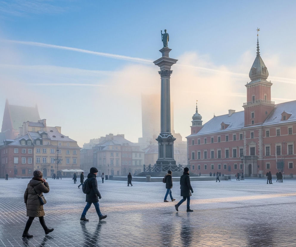 Rozległy, zimowy plac miejski, pokryty cienką warstwą śniegu i lodu, odbijającą światło. W centrum placu dominuje wysoka kolumna z posągiem na szczycie. Po prawej stronie wznosi się duży, ceglany budynek z zielonymi dachami i wieżami, częściowo pokrytymi śniegiem. Po lewej stronie znajdują się zabytkowe kamienice, również ośnieżone, a w tle widać zamglone, niewyraźne zarysy innych budynków. Po placu, w różnych kierunkach, porusza się kilkanaście osób ubranych w ciepłe, zimowe płaszcze i kurtki. Niebo jest błękitne u góry, przechodząc w jaśniejszy odcień w kierunku horyzontu, z widocznymi smugami chmur lub smugami kondensacyjnymi.