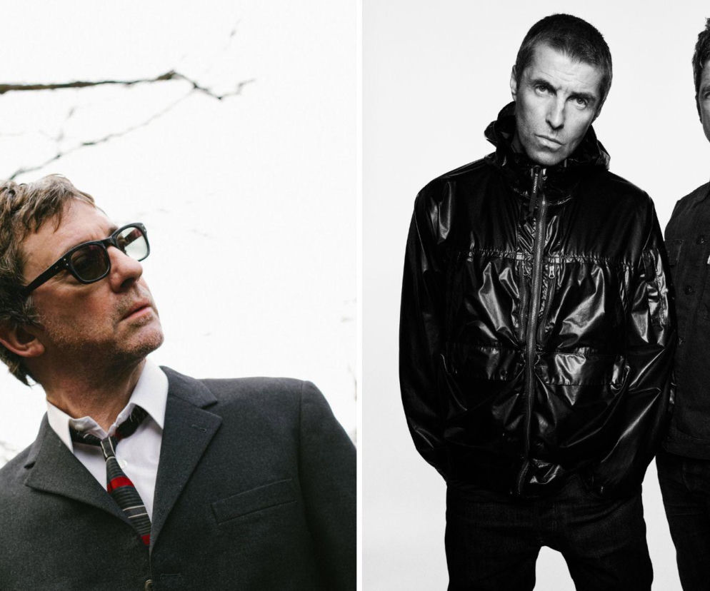 Graham Coxon z Blur w okularach i garniturze, z drzewami w tle, obok czarno-białe zdjęcie braci Gallagher, Liama i Noela, z Oasis. Muzycy, których kariery mogły potoczyć się inaczej, o czym przeczytasz na naszym portalu.