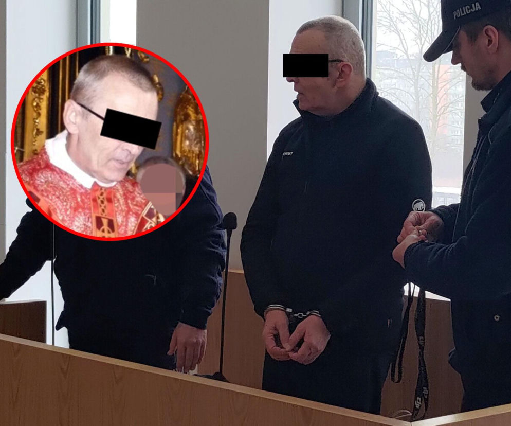 Ksiądz Jacek K. w kajdankach obok policjanta w sądzie. Na wstawce oskarżony w ornacie. O wyroku przeczytasz na SE.