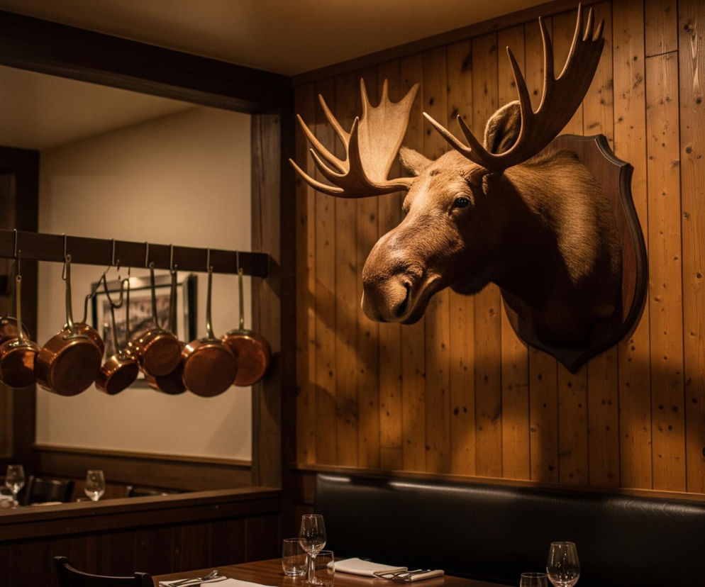Na pierwszym planie, z prawej strony, dominuje wypchany łeb łosia z rozłożystym porożem, zamontowany na drewnianej tarczy i zawieszony na jasnej, drewnianej ścianie. Głowa łosia ma brązowe futro i skierowana jest lekko w prawo. Pod porożem widoczny jest ciemny, skórzany bankiet restauracyjny. Po lewej stronie, za ciemnymi drewnianymi belkami, wisi rząd miedzianych garnków i patelni, odbijających ciepłe światło. W tle po lewej stronie znajdują się stoły restauracyjne z nakryciami i szklankami. Całe pomieszczenie jest słabo oświetlone ciepłym światłem.