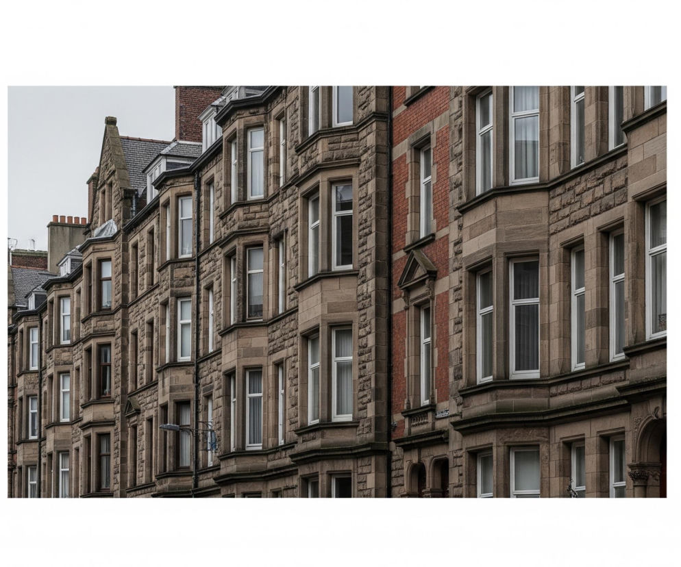 Rząd kamienic z piaskowca, z wieloma wykuszami i białymi oknami, rozciąga się wzdłuż ulicy pod pochmurnym, jasnoszarym niebem. Ściany budynków są przeważnie beżowo-brązowe, z widoczną fakturą kamienia, a w niektórych miejscach pojawiają się czerwone ceglane wstawki. Widoczne są dachy pokryte ciemną dachówką oraz liczne kominy z ceglanymi czapami, a także pojedyncza latarnia uliczna przymocowana do jednej z fasad.