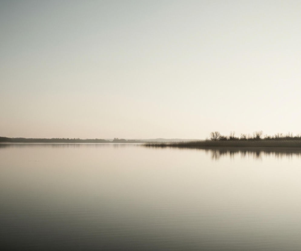 Pozioma fotografia przedstawia spokojny, płaski krajobraz podzielony na trzy główne pasy: niebo, horyzont i wodę. Górna część obrazu to jasne niebo, przechodzące od szaroniebieskiego w górnych rogach do coraz jaśniejszego, prawie białego beżu w kierunku horyzontu. Horyzont tworzy długa, ciemna linia drzew i zarośli, widoczna zarówno po lewej, jak i po prawej stronie, odbijająca się w lustrzanej tafli wody. Dolna połowa obrazu to gładka powierzchnia wody, która odzwierciedla kolory nieba i horyzontu, tworząc delikatne przejście barw od jasnego beżu przy linii brzegowej do ciemniejszego, szarozielonego odcienia w dolnej części kadru.