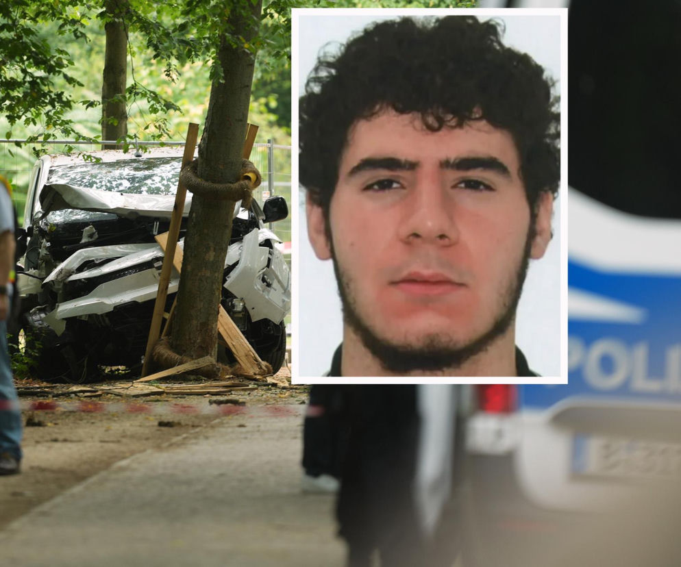 Rozbity biały samochód na drzewie w parku. Na miniaturze poszukiwany Abdul Ballout. O zamachu w Berlinie przeczytasz w Eska.