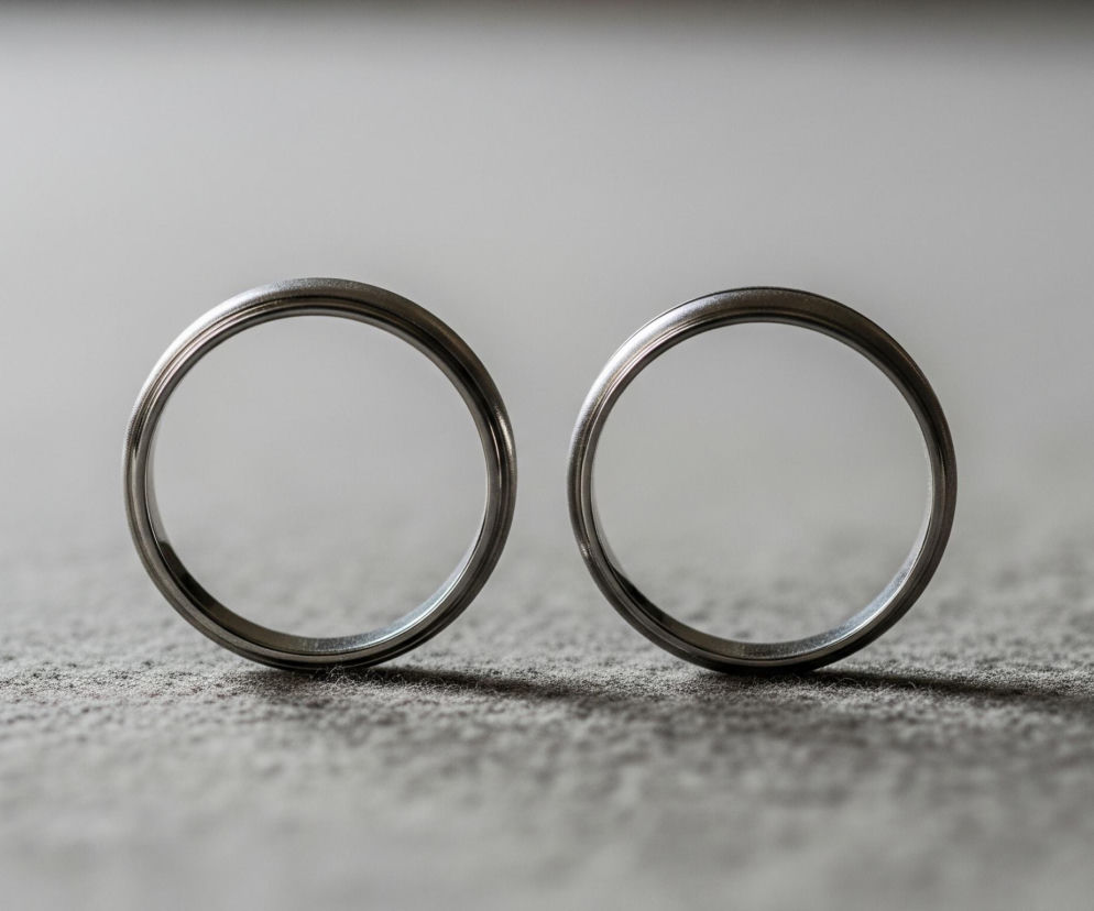 Dwa identyczne, srebrne pierścienie, wyglądające jak obrączki, stoją obok siebie pionowo na szarym, ziarnistym podłożu, z nieznaczną przerwą między nimi. Pierścienie mają gładką, matową powierzchnię z subtelnym połyskiem i delikatnym, podniesionym brzegiem wewnętrznym. Tło jest rozmyte i jaśniejsze niż podłoże, tworząc kontrast z ostrym pierwszym planem.