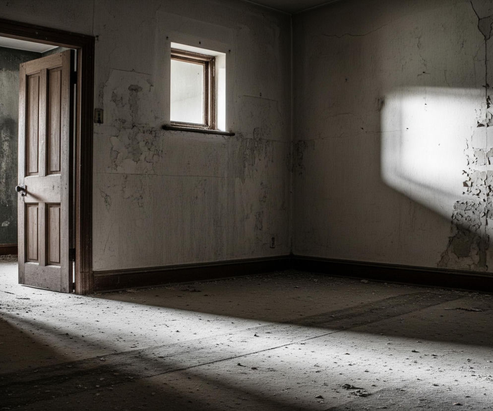 Opuszczony pokój z mocno zniszczonymi ścianami i podłogą jest centralnym punktem obrazu. Po lewej stronie, lekko uchylone, brązowe, drewniane drzwi z okrągłą klamką prowadzą do ciemniejszego pomieszczenia, widocznego jedynie częściowo. Na środku lewej ściany znajduje się prostokątne, brązowe okno, przez które wpada jasne światło, tworząc intensywną, białą plamę na przeciwległej ścianie. Od drzwi i okna, na brudną, zakurzoną podłogę, padają wyraźne cienie i smugi światła, rozświetlając część pomieszczenia. Ściany pokryte są schodzącą farbą i tynkiem, odsłaniając ciemniejsze warstwy materiału pod spodem.