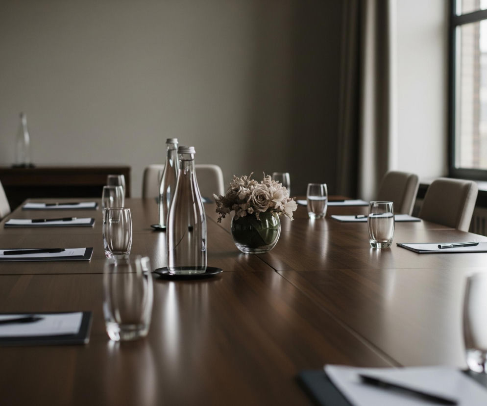 W centrum obrazu znajduje się długi, brązowy stół konferencyjny z drewnianym blatem, otoczony beżowymi krzesłami. Na stole rozłożone są kartki papieru w ciemnych podkładkach, każda z długopisem, oraz szklanki z wodą i butelki. Pośrodku stołu stoi niska, szklana waza z kompozycją jasnych, suszonych kwiatów. Tło stanowi szara ściana, a po prawej stronie widoczne jest duże okno z czarną ramą oraz beżowe zasłony, częściowo zasłaniające widok na budynki.