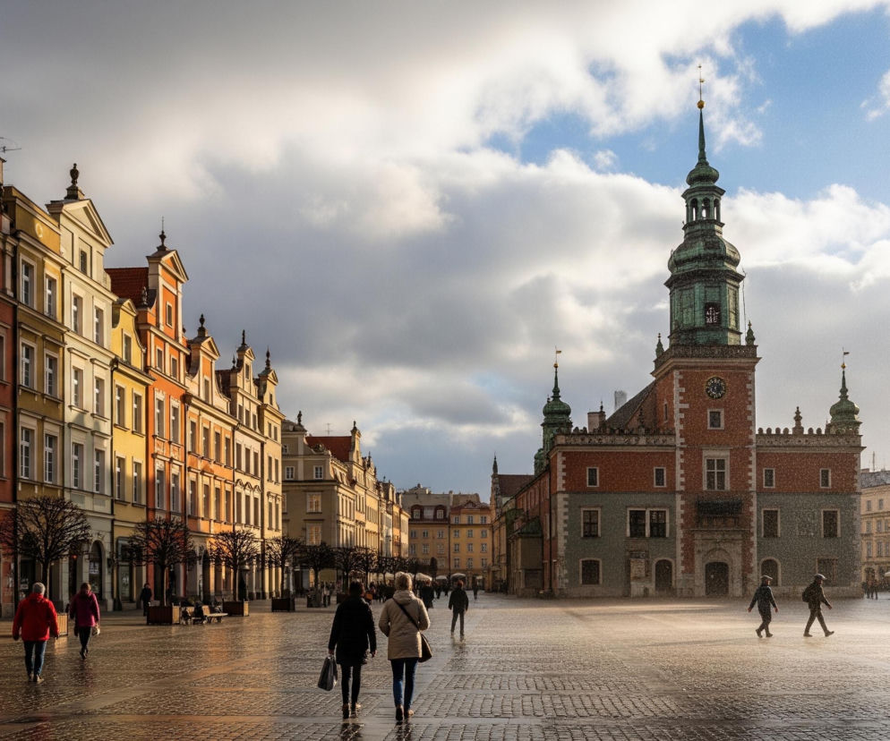 Rynek miejski z zabytkowymi kamienicami po lewej stronie i ratuszem po prawej, wszystko oświetlone ciepłym światłem słonecznym przebijającym się przez chmury. Brukowany plac, mokry od deszczu lub niedawnych opadów, odbija światło, tworząc refleksy. Po placu idzie kilka osób ubranych w jesienne lub zimowe ubrania, a bezlistne drzewa stoją wzdłuż kamienic, dodając do sceny zimową atmosferę.