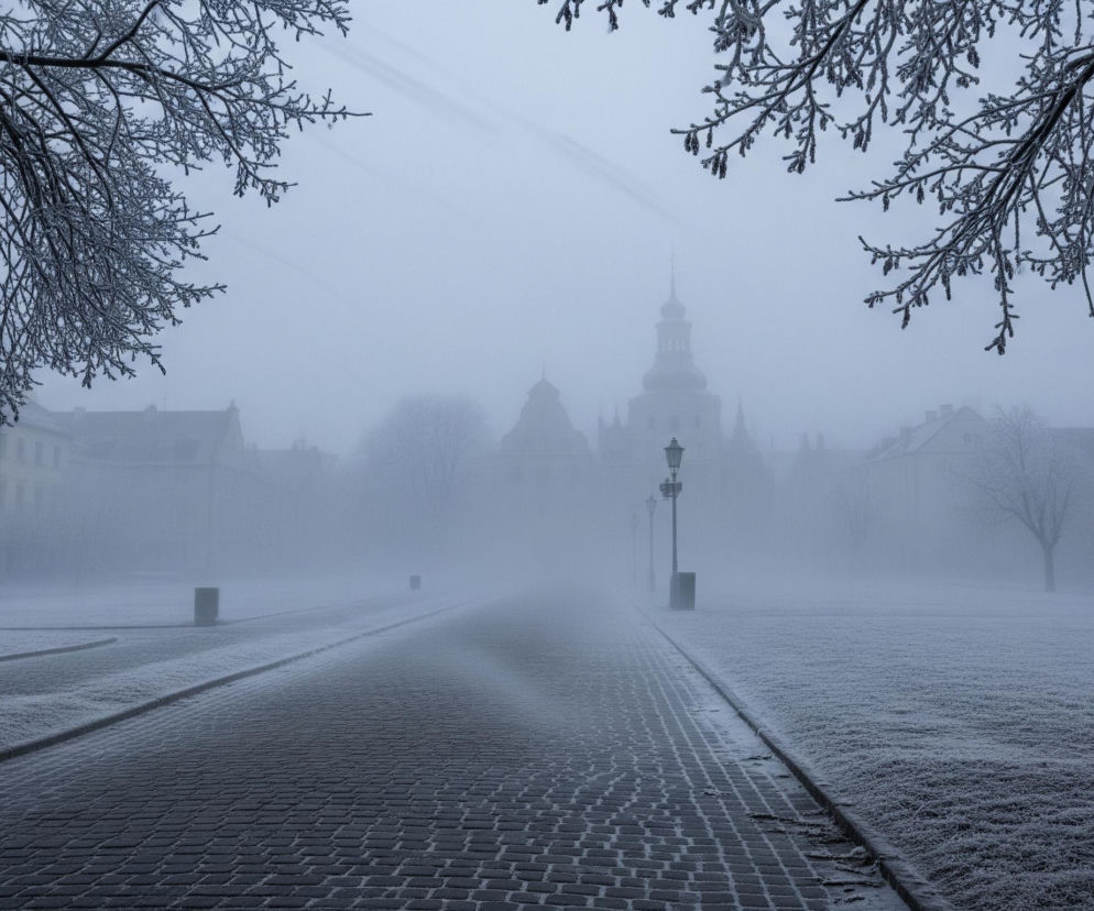Na pierwszym planie widoczna jest szeroka, brukowana ścieżka pokryta szronem, biegnąca przez środek kadru w kierunku zamglonego horyzontu. Po obu stronach ścieżki rozciągają się pokryte szronem trawniki, a wzdłuż prawej krawędzi ścieżki ustawione są latarnie uliczne. Gałęzie drzew pokryte grubą warstwą szronu ramują górną część obrazu, zwłaszcza po lewej i prawej stronie. W tle, w gęstej mgle, majaczą niewyraźne sylwetki budynków, w tym charakterystyczna wieża z kopułą i iglicą, otoczona drzewami. Całość utrzymana jest w chłodnej tonacji bieli, szarości i błękitu, podkreślając zimową atmosferę i zamglenie.