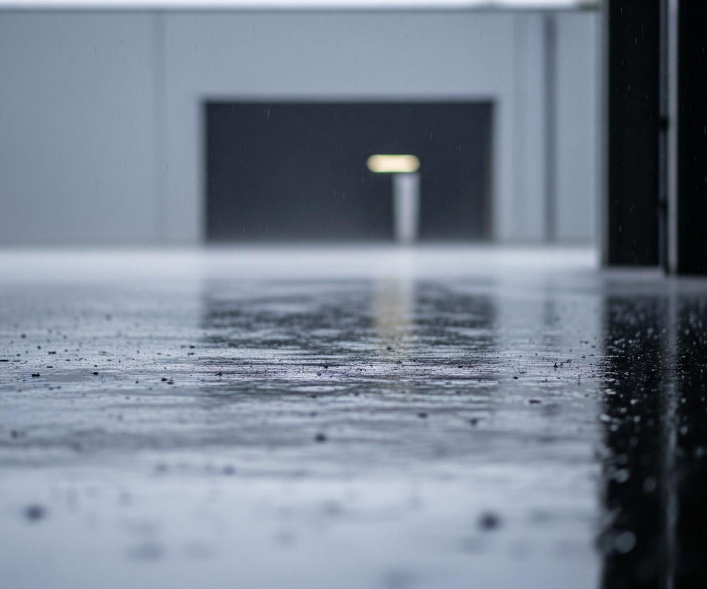 Płytki, mokry chodnik z licznymi kroplami deszczu na powierzchni dominuje dolną połowę obrazu, odbijając otoczenie. W tle znajduje się pusta przestrzeń przypominająca wnętrze hali lub korytarza, z szarymi ścianami i ciemnym, prostokątnym otworem na środku. Z otworu wydobywa się jasne, pionowe światło, przypominające świetlówkę, które również odbija się w kałużach na podłożu. Całość utrzymana jest w chłodnych, stonowanych odcieniach szarości i błękitu, z mocnym kontrastem między jasnym światłem a ciemnymi elementami.