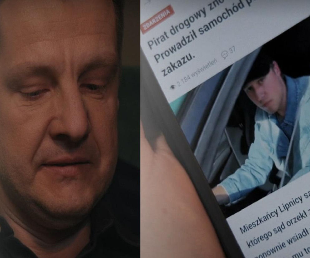 Zasmucony Paweł Zduński patrzy w dół. Obok na wstawce artykuł o piracie drogowym. O zemście Pawła przeczytasz na SE Superseriale.