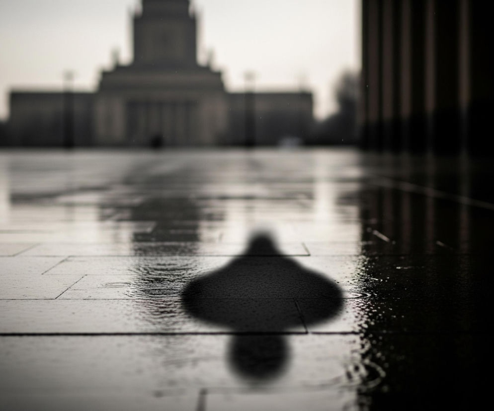 Nawierzchnia chodnika wykonana z ciemnych, prostokątnych płyt stanowi główny element zdjęcia, pokryta jest wodą i licznymi, drobnymi kroplami deszczu, tworzącymi odbicia światła i małe, koncentryczne kręgi. Na pierwszym planie, w centrum, widoczny jest rozmyty, czarny cień przypominający kształt grzyba, odbijający się również w mokrej nawierzchni. Po prawej stronie kadru dominuje głęboki cień rzucany przez niezidentyfikowany obiekt, prawdopodobnie kolumnadę, tworzącą pionowe, ciemne pasy. W tle, po lewej stronie, wyróżnia się jasny, nieostry punkt światła składający się z białego, niebieskiego i dwóch czerwonych elementów, a za nim widać rozmyty zarys dużego, monumentalnego budynku o architekturze z rzędem kolumn i kopułą. Całość utrzymana jest w stonowanych barwach szarości i czerni, z nielicznymi akcentami kolorystycznymi świateł.