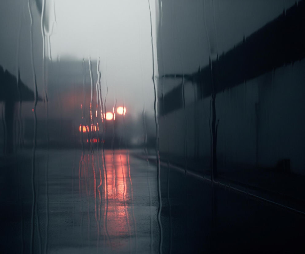 Widok z wnętrza na mokrą ulicę w nocy, przysłoniętą szybą z licznymi pionowymi smugami deszczu. Na pierwszym planie widoczne są rozmyte krople wody spływające po szybie. W oddali, na ulicy, majaczą intensywnie czerwone światła, prawdopodobnie tylne światła pojazdu, których odbicia w mokrym asfalcie tworzą długie, pionowe, rozmyte pasma światła. Otoczenie jest ciemne, z szarymi i czarnymi odcieniami budynków po obu stronach drogi, zlewającymi się z ponurym niebem.