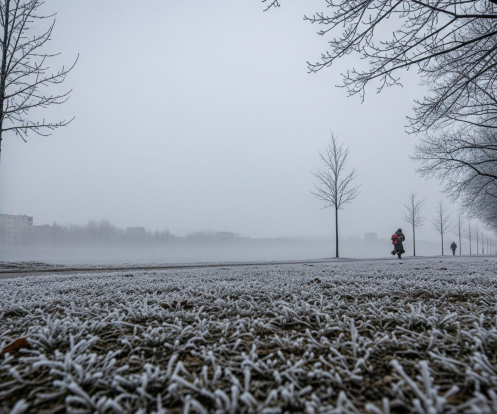 Zamarznięta trawa, pokryta szronem, zajmuje większą część kadru na pierwszym planie, z pojedynczymi brązowymi liśćmi rozrzuconymi pomiędzy spowitymi w biel źdźbłami. Horyzont wyznacza pas gęstej mgły lub oparów, za którym majaczą niewyraźne zarysy budynków i drzew. Po prawej stronie widać aleję drzew ogołoconych z liści, ich gałęzie również pokryte są szronem, tworząc tunel znikający w oddali. Po lewej stronie i w centrum stoją pojedyncze, nagie drzewa, a w oddali, podążając ścieżką wzdłuż alei, idą dwie niewyraźne postacie, jedna z nich, bliżej centrum, ubrana jest w czerwoną kurtkę, wyraźnie kontrastującą z szaro-białym otoczeniem. Cały obraz utrzymany jest w zimnych, stonowanych barwach szarości i bieli, z subtelnymi akcentami brązu i czerwieni.