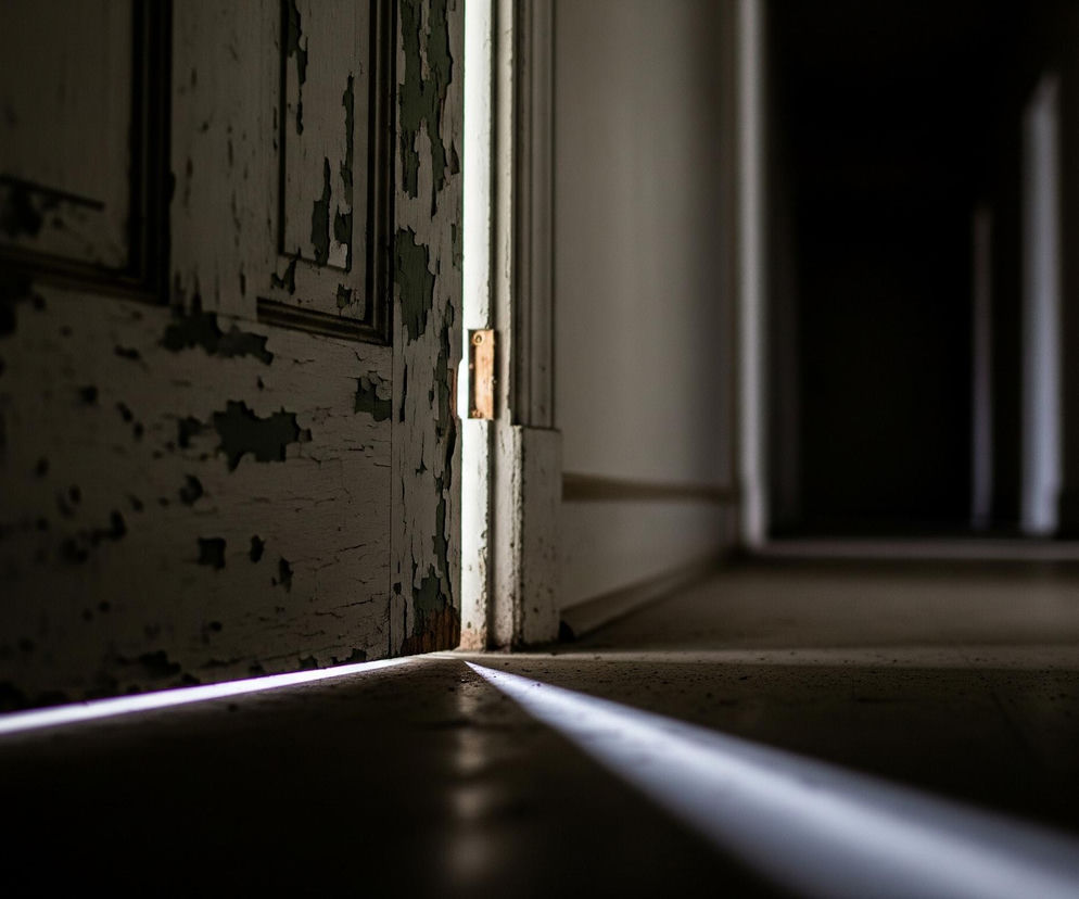 Uchylone stare, zniszczone drzwi z łuszczącą się białą farbą, spod której widać ciemnozielone odcienie, dominują po lewej stronie kadru. Przez szparę między drzwiami a futryną wpada jasny snop światła, biegnący ukośnie przez ciemną podłogę, oświetlając kurz. Korytarz za drzwiami, również słabo oświetlony, wydaje się rozciągać w głąb obrazu, ukazując kolejne lekko uchylone drzwi w oddali.