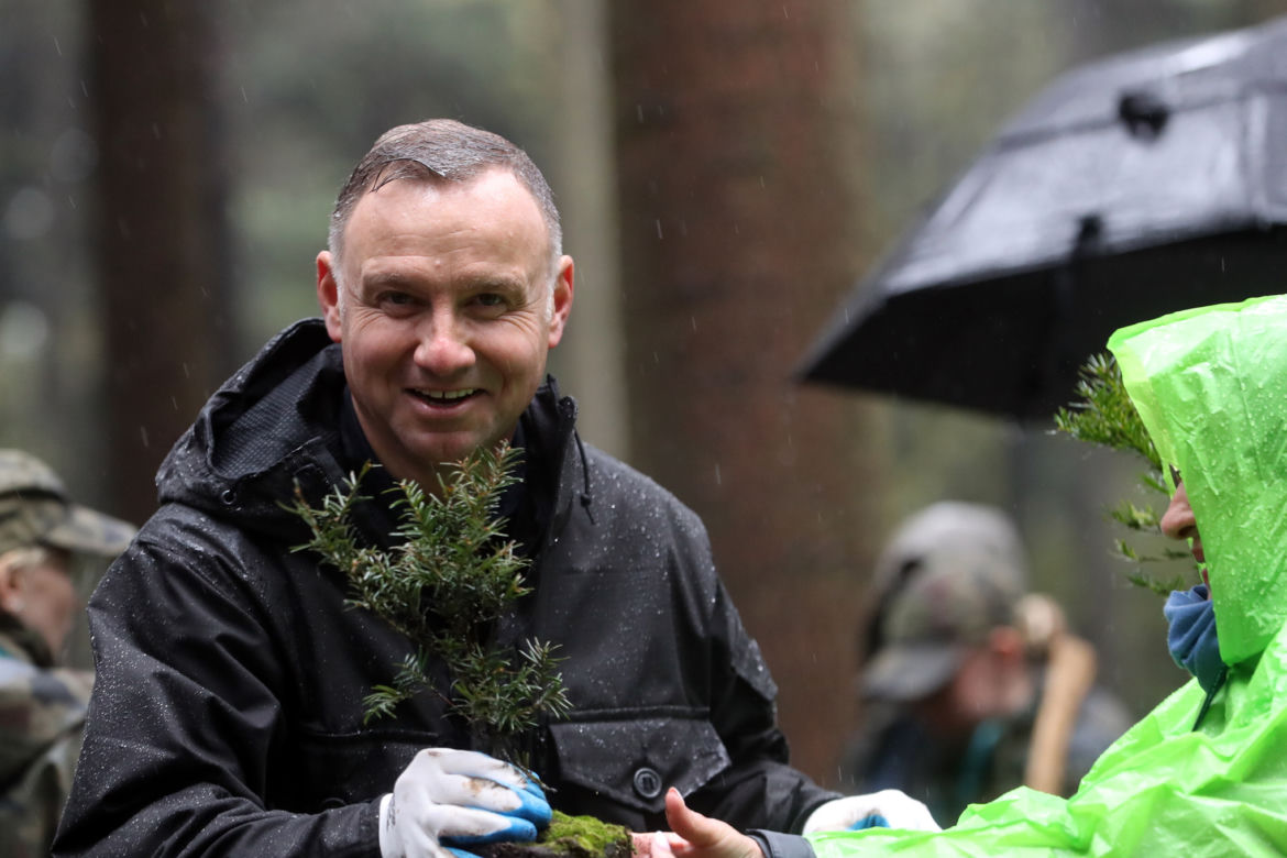 Andrzej Duda w deszczu sadził drzewa