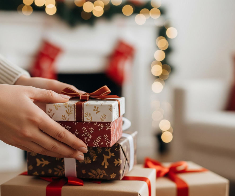 Ręce osoby w kremowym swetrze delikatnie układają stos prezentów owiniętych w ozdobny papier i przewiązanych wstążkami. Na wierzchu stosu znajduje się białe pudełko ze złotymi wzorami liści, pod nim czerwone z białymi gałązkami, a na dole ciemnobrązowe z białymi wstążkami i złotymi dekoracjami z motywami jelenia i gałązek. W tle, rozmyte, widać kominek udekorowany girlandą z jasnych światełek i dwoma czerwonymi świątecznymi skarpetami. Po prawej stronie widać fragment jasnej kanapy z czerwoną poduszką.