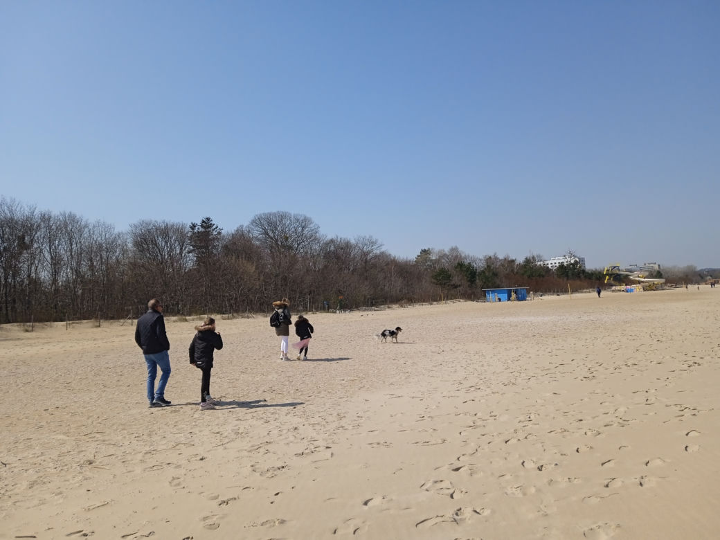 Mieszkańcy korzystają ze słonecznej pogody. Na plaży w Jelitkowie widać już pierwszych spacerowiczów!