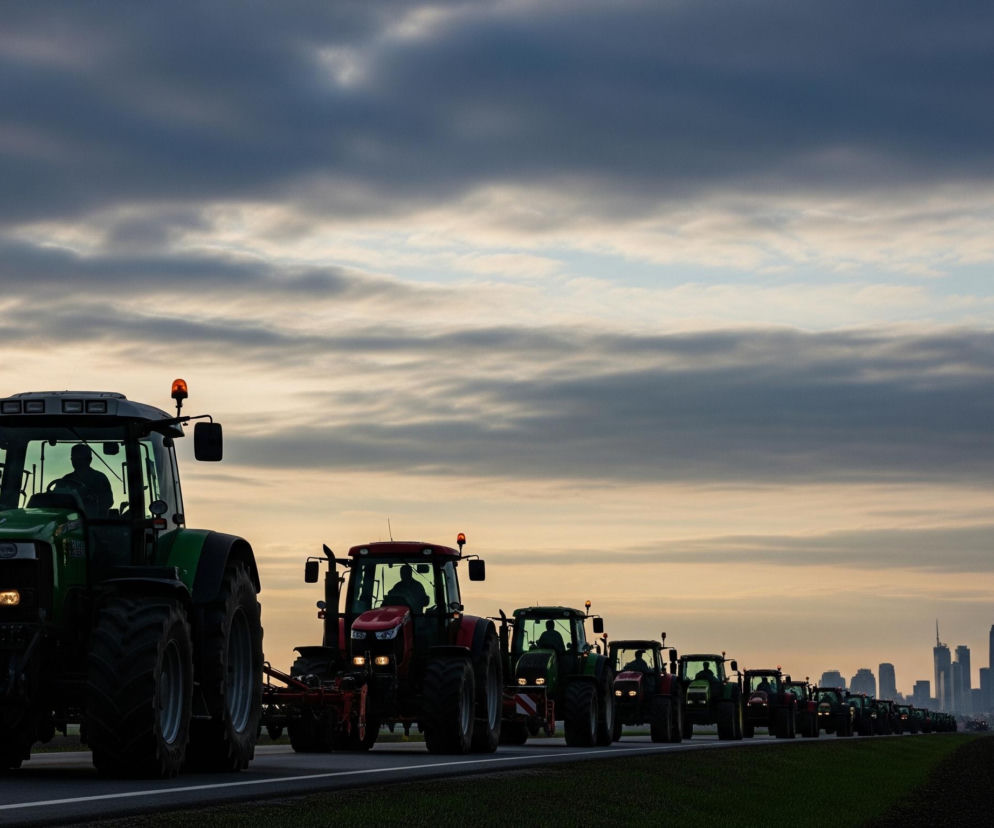 Szereg traktorów różnej wielkości i koloru, głównie zielonych i czerwonych, jedzie po dwupasmowej drodze w kierunku prawego górnego rogu obrazu. Przedni traktor, zielony, ma włączone pomarańczowe światło ostrzegawcze na dachu oraz świecące reflektory. W tle widoczny jest odległy zarys miasta z licznymi wysokimi budynkami i drapaczami chmur, a niebo, pokryte częściowo chmurami, przechodzi od jasnego, pomarańczowo-żółtego odcienia przy horyzoncie do ciemnoszarego na górze. Po prawej stronie drogi rozciąga się zielone pole uprawne, a po lewej, za traktorami, widać ciemne drzewa na horyzoncie.