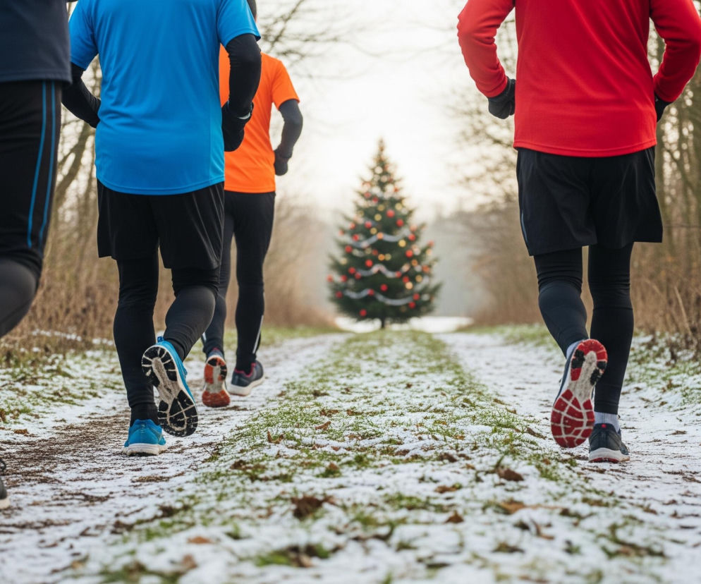 Grupa sześciu osób biegnie zimową ścieżką pokrytą cienką warstwą śniegu i suchych liści, z widocznymi kępami zielonej trawy. Uczestnicy ubrani są w sportowe stroje – dominują koszulki w kolorach niebieskim, pomarańczowym i czerwonym, oraz czarne spodnie lub legginsy, a ich obuwie ma różne, często jaskrawe podeszwy. W tle, na końcu ścieżki, widać samotne, udekorowane bombkami i świecącymi lampkami drzewko bożonarodzeniowe, otoczone nagimi drzewami i krzewami.