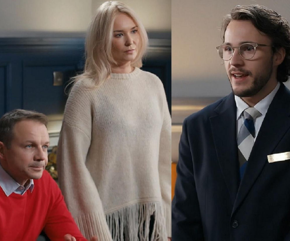 Bruno, Karolina i Justin z serialu Barwy szczęścia. Zdjęcie przedstawia trzech bohaterów serialu: po lewej siedzący mężczyzna w czerwonym swetrze, obok niego kobieta w kremowym swetrze, a po prawej młody mężczyzna w garniturze. Więcej o intrygach bohaterów na Super Seriale.