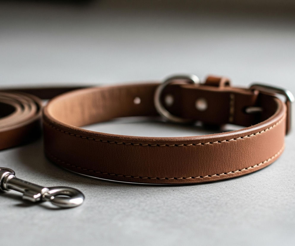 Brązowa, skórzana obroża z metalową sprzączką i oczkiem znajduje się na szarym, ziarnistym tle. Do obroży przylega brązowa, skórzana smycz ze srebrnym karabińczykiem, częściowo zwinięta w okrągły kształt w tle. Elementy skórzane mają delikatne, jasne przeszycia wzdłuż krawędzi. Górna część obrazu jest ciemniejsza i bardziej rozmyta.