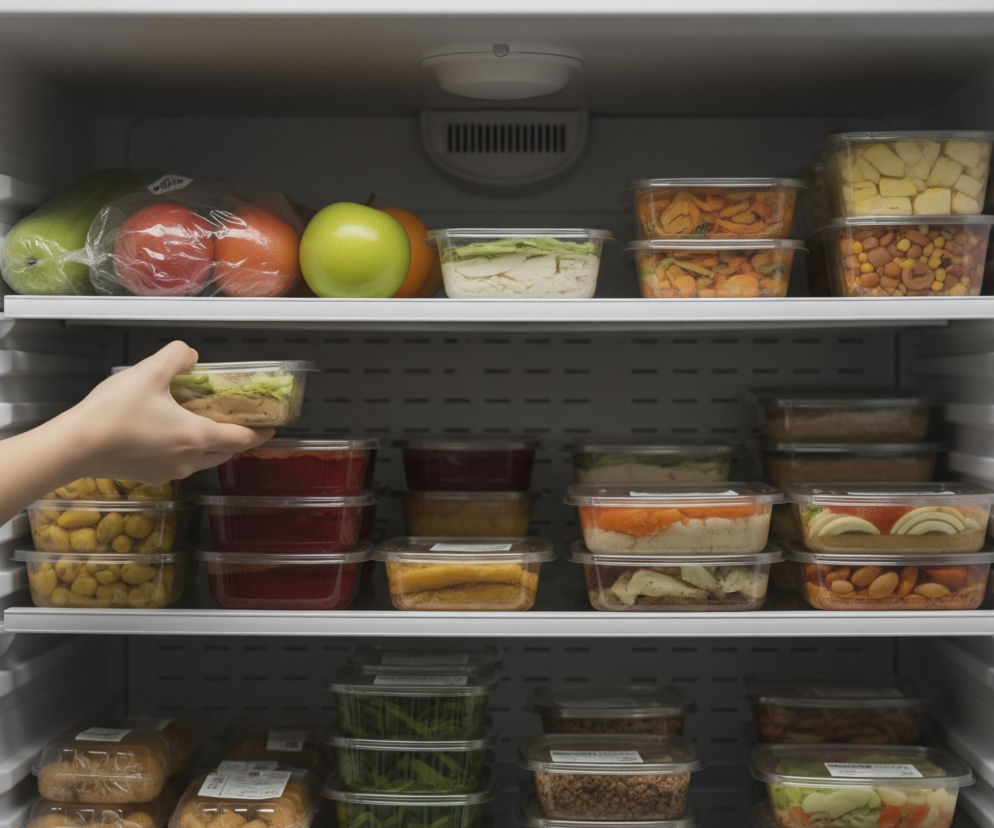 Lewe ramię osoby o jasnej karnacji, ubranej w ciemny, długi rękaw, wyciąga rękę po przezroczysty pojemnik z jedzeniem z otwartej lodówki. Wnętrze lodówki jest jasne, białe, z licznymi półkami wypełnionymi transparentnymi pojemnikami z różnorodnymi produktami spożywczymi. Na górnej półce widoczne są warzywa i owoce, takie jak zielone jabłka, pomarańcze i papryki, niektóre w foliowych opakowaniach. Pozostałe półki są gęsto zapełnione, a w prawym rogu widoczna jest również przeszklona ściana drugiej części lodówki z dalszymi pojemnikami.