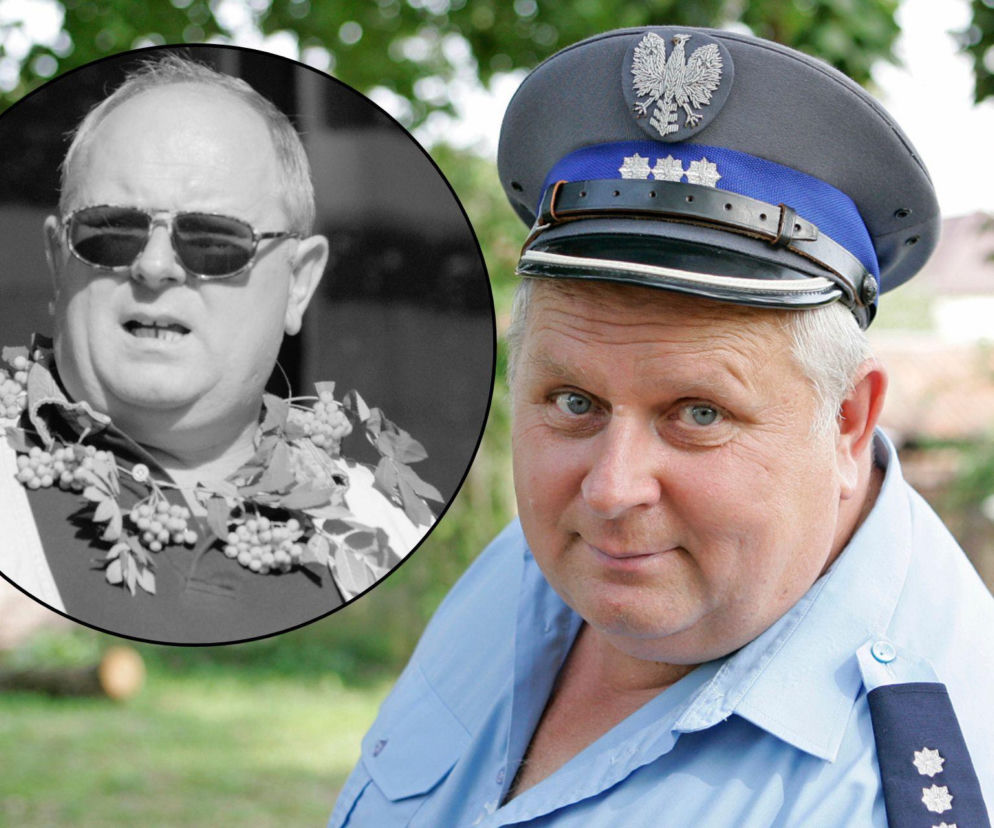 Aktor Andrzej Beya-Zaborski w mundurze policjanta. Na miniaturze obok czarno-białe zdjęcie aktora. Więcej o artyście w SE.