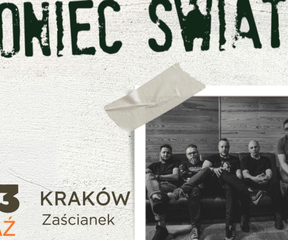 Plakat koncertowy zespołu Koniec Świata z datą 23 października w Krakowie. O trasie grupy przeczytasz na EskaRock.