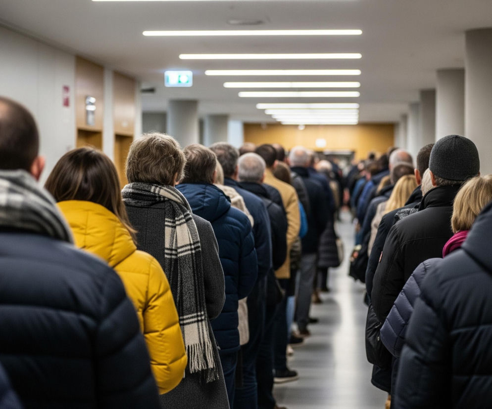 Długi rząd ludzi stoi w oświetlonym, wąskim korytarzu. Większość osób ubrana jest w zimowe kurtki i płaszcze w odcieniach granatu, szarości i czerni, z kilkoma akcentami żółtych i brązowych kurtek oraz szalików. Perspektywa jest z tyłu, z rzędem ciągnącym się w głąb korytarza, gdzie sylwetki stają się coraz mniej wyraźne. Na suficie widać rzędy podłużnych, świetlnych lamp, a na ścianie po lewej stronie znajduje się zielony znak wyjścia ewakuacyjnego.