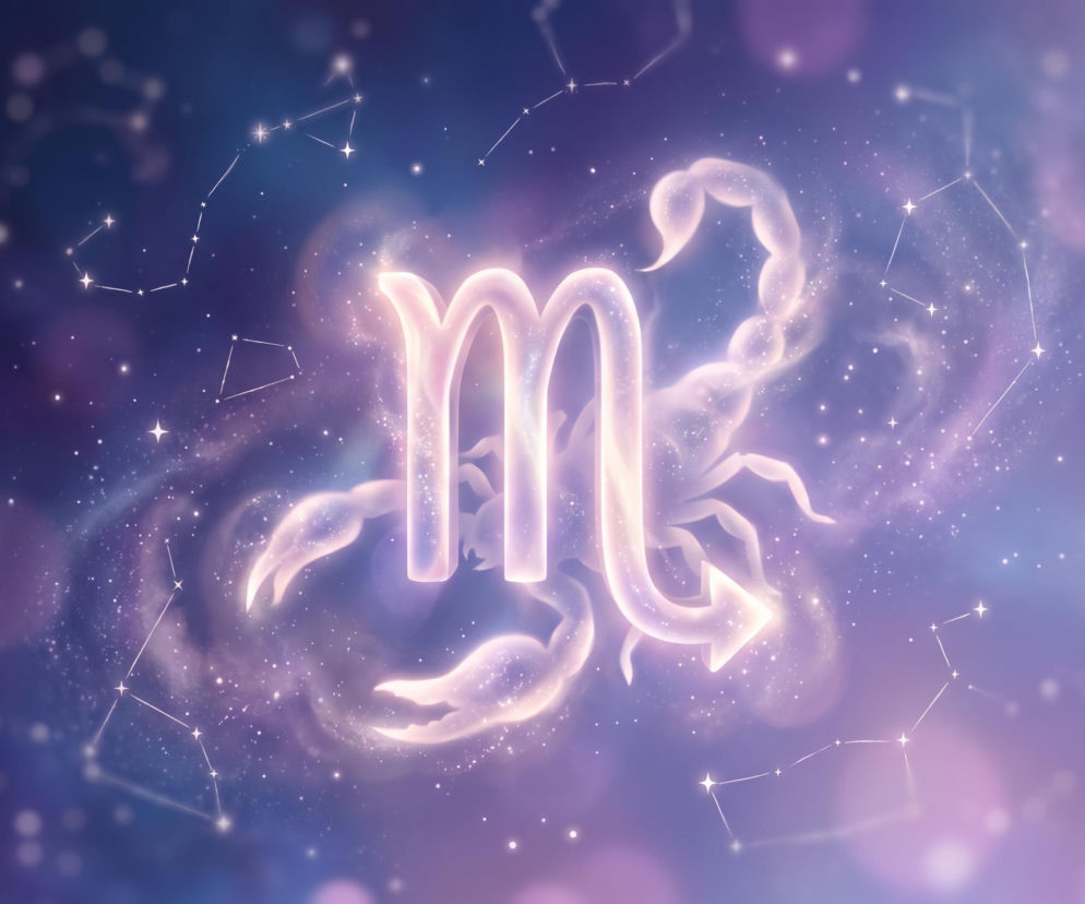 Świecący symbol znaku zodiaku Skorpion na tle gwieździstego nieba. O horoskopie dziennym przeczytasz w Eska.