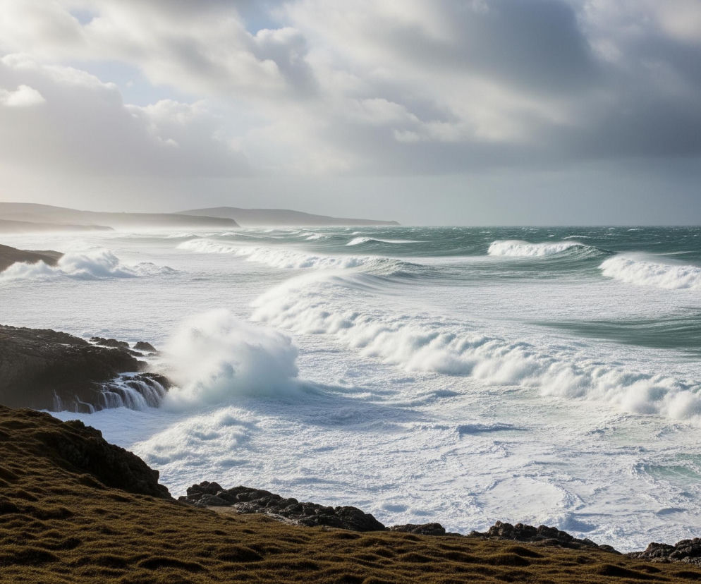 Rozległy widok przedstawia wzburzone morze z licznymi, białymi falami, które rozciągają się od piaszczystego brzegu po horyzont. Po lewej stronie kadru widoczne są skaliste, porośnięte trawą klify i pagórki, z wyraźnym światłem słonecznym padającym na lewą stronę, tworząc jasne refleksy na wodzie. Prawe niebo jest ciemniejsze, z grubymi, szarymi chmurami, natomiast po lewej stronie chmury są jaśniejsze i bardziej rozproszone, ukazując fragmenty błękitnego nieba. Całość tworzy dynamiczną scenę, gdzie silne fale rozbijają się o brzeg, tworząc białą pianę, a w oddali widać ciemne, poszarpane linie horyzontu.