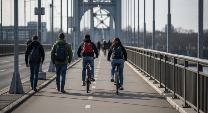 Most Grunwaldzki Kraków. Piesi na ścieżce rowerowej. Ile potrwają utrudnienia?