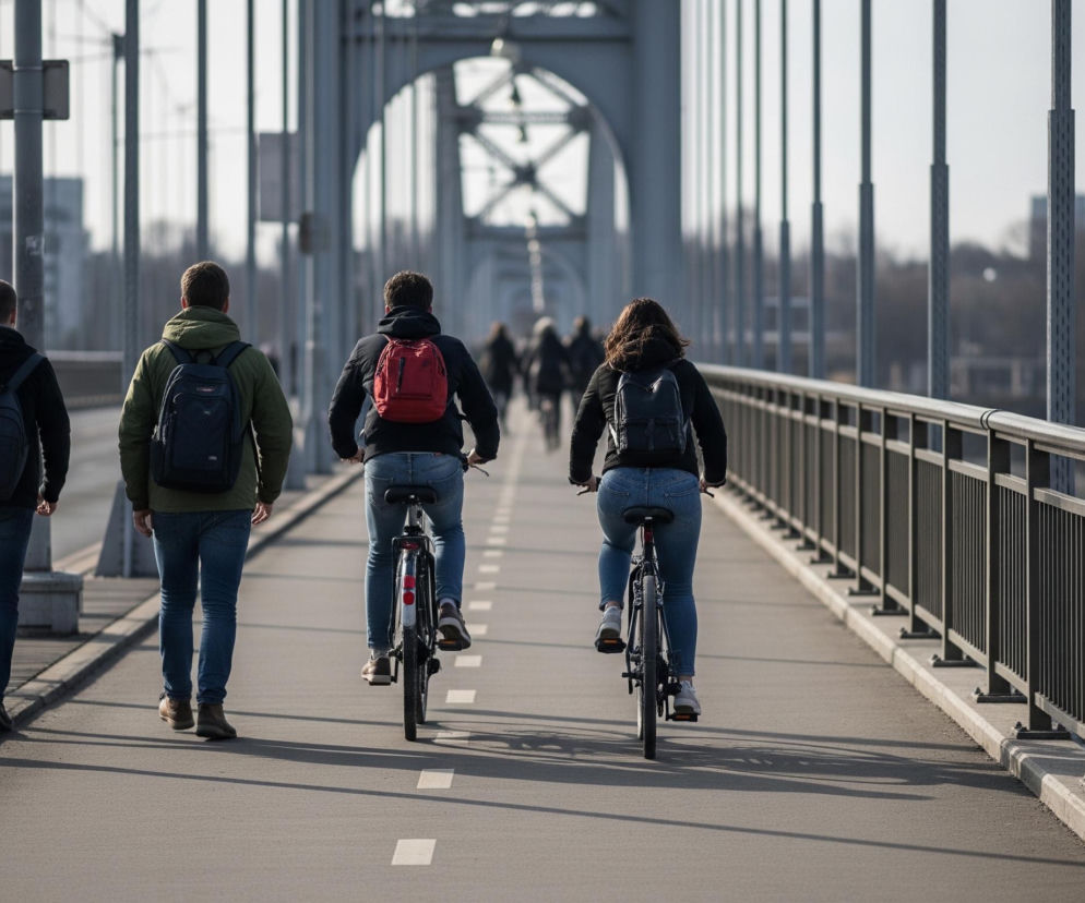 Cztery osoby przemieszczają się przez most; dwie osoby idące po lewej stronie chodnika oraz dwie osoby jadące na rowerach po prawej stronie ścieżki rowerowej. Wszyscy ubrani są w dżinsy i kurtki, na plecach mają plecaki. Dwa plecaki są ciemne, jeden oliwkowy i jeden czerwony. Po prawej stronie zdjęcia widać metalową, ciemnoszarą barierkę, a w tle rozciąga się konstrukcja mostu łukowego oraz zamazany pejzaż miejski.