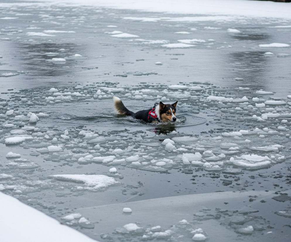 Pies o czarno-biało-brązowym umaszczeniu, z czerwonymi szelkami, płynie w wodzie pełnej krów lodowych. Jego pysk jest skierowany w lewo, a ciało zanurzone, tak że widać jedynie głowę, część grzbietu i ogon z białą końcówką. Woda jest szara, a liczne kawałki lodu o różnych kształtach i rozmiarach unoszą się na jej powierzchni. Prawy dolny róg obrazu i górna krawędź przedstawiają zasypaną śniegiem powierzchnię, prawdopodobnie brzeg lub zamarzniętą część zbiornika wodnego.