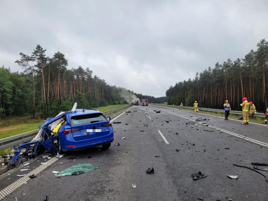 Śmiertelny wypadek pod Bełchatowem. Kierowca osobówki nie żyje, ciężarówka spłonęła [ZDJĘCIA].