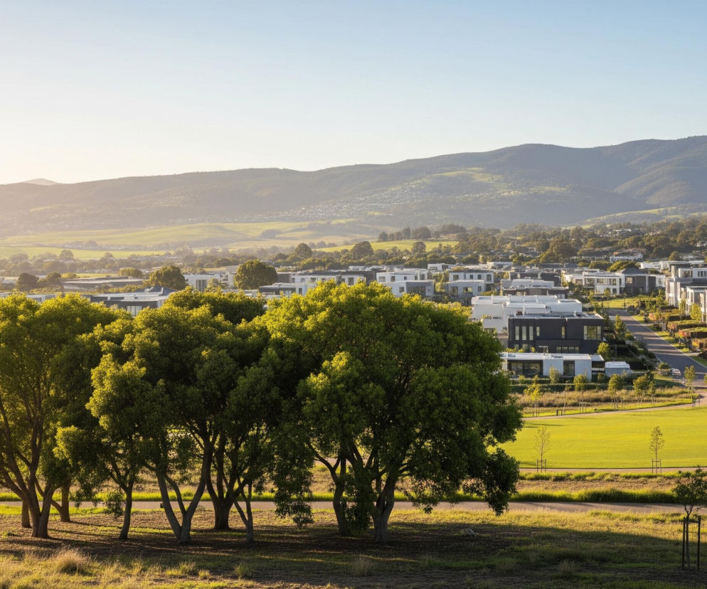 Grupa dziesięciu drzew z bujnymi zielonymi koronami, mocno oświetlonych słońcem, stanowi główny element pierwszego planu, rzucając wydłużone cienie na wyschniętą, trawiastą glebę. Za drzewami rozciąga się panorama nowoczesnego osiedla mieszkalnego, składającego się z wielu białych i szarych budynków, przeplatanych ulicami i zielonymi terenami rekreacyjnymi. W oddali dominują pasma górskie o zalesionych zboczach, a horyzont rozświetla delikatne, zachodzące słońce, tworząc jasną poświatę na błękitnym niebie.