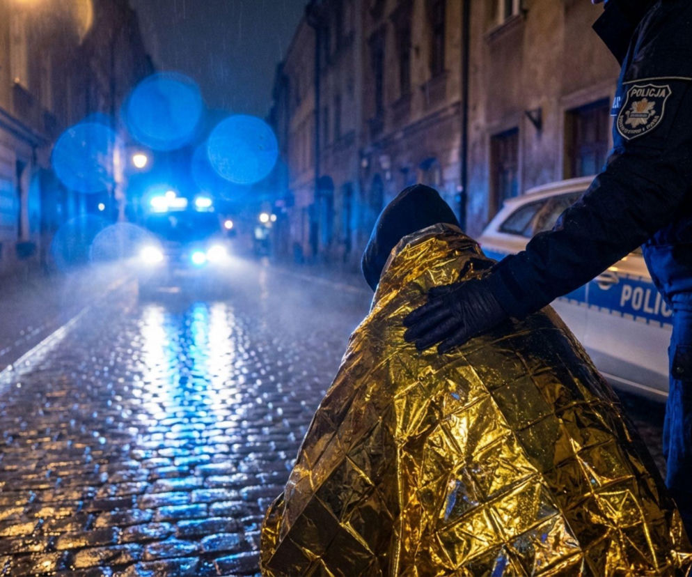 Policjant udzielający pomocy osobie w kocu termicznym
