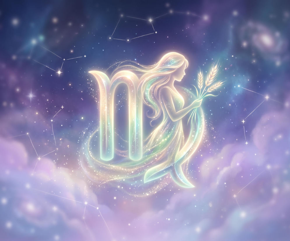 Świecący symbol zodiakalnej Panny na tle gwieździstego nieba. O horoskopie dla Panny przeczytasz na Eska.