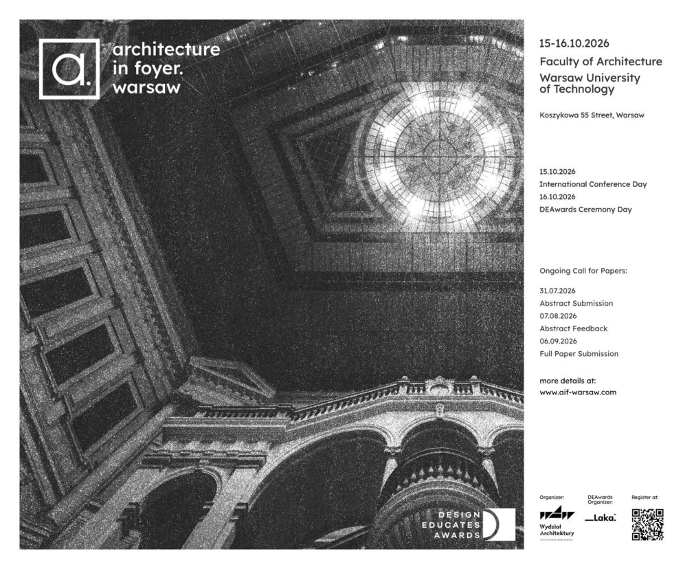 Plakat Architecture in Foyer Warsaw 2026 z wnętrzem gmachu Politechniki. O wydarzeniu przeczytasz na Architektura.