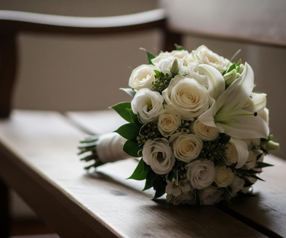 Centralnie leży bukiet ślubny, składający się z kremowych róż, białych lilii i zielonych liści oraz pąków. Uchwyt bukietu owinięty jest białą wstążką, a jego kształt jest półkulisty. Bukiet spoczywa na drewnianej ławce lub siedzisku, którego deski mają widoczne słoje i ciemne szczeliny między nimi. W tle, częściowo niewyraźne, widoczne jest oparcie tej samej ławki oraz niewyraźna, jasnobrązowa ściana.
