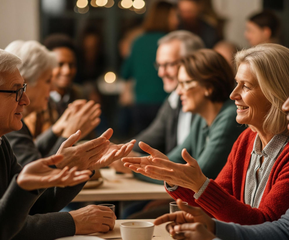 W centrum kadru znajduje się grupa dorosłych, którzy siedzą przy stole i rozmawiają. Na pierwszym planie po lewej stronie widać profil starszego mężczyzny z siwymi włosami i okularami, uśmiechniętego, w ciemnym swetrze. Naprzeciwko niego siedzi kobieta z blond włosami, ubrana w czerwony kardigan i wzorzystą koszulę, która ma szeroki uśmiech i gestykuluje dłońmi. Po jej prawej stronie siedzi mężczyzna o ciemnej karnacji w szarym swetrze.

Pomiędzy głównymi postaciami na stole stoi szklanka z napojem oraz biały kubek. W tle widoczne są niewyraźne sylwetki innych osób, niektóre z nich klaszczą w dłonie, a także rozmyte światła wiszące pod sufitem, tworzące efekt bokeh. Całość utrzymana jest w ciepłej, stonowanej kolorystyce, sugerującej atmosferę spotkania towarzyskiego.