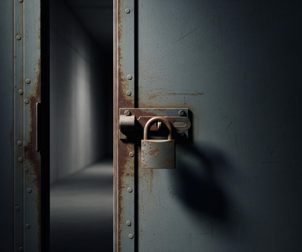 Główne, ciemnoszare metalowe drzwi, częściowo uchylone, są zabezpieczone zardzewiałą kłódką. Kłódka, również pokryta rdzą, wisi na ryglowanym zamku przymocowanym do drzwi za pomocą czterech śrub. Po lewej stronie drzwi widoczna jest metalowa rama z licznymi nitami. W tle, za uchylonymi drzwiami, rozciąga się ciemny korytarz, oświetlony jedynie lekkim blaskiem w oddali.